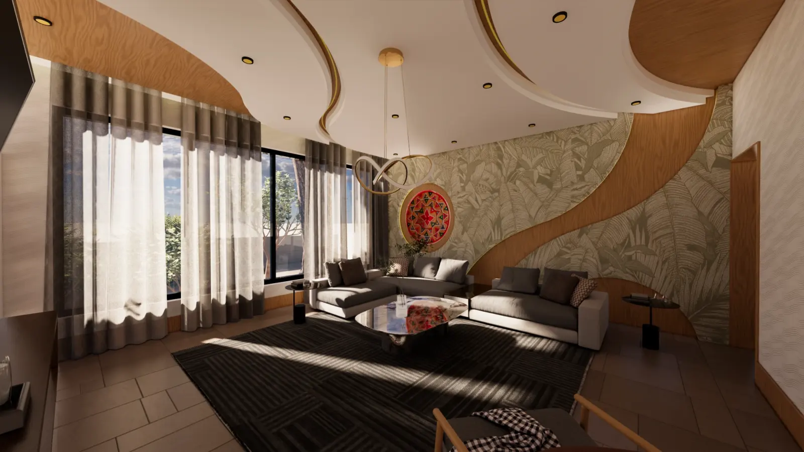 Living room in daylight with curved ceiling, sheer curtains and sectional seating