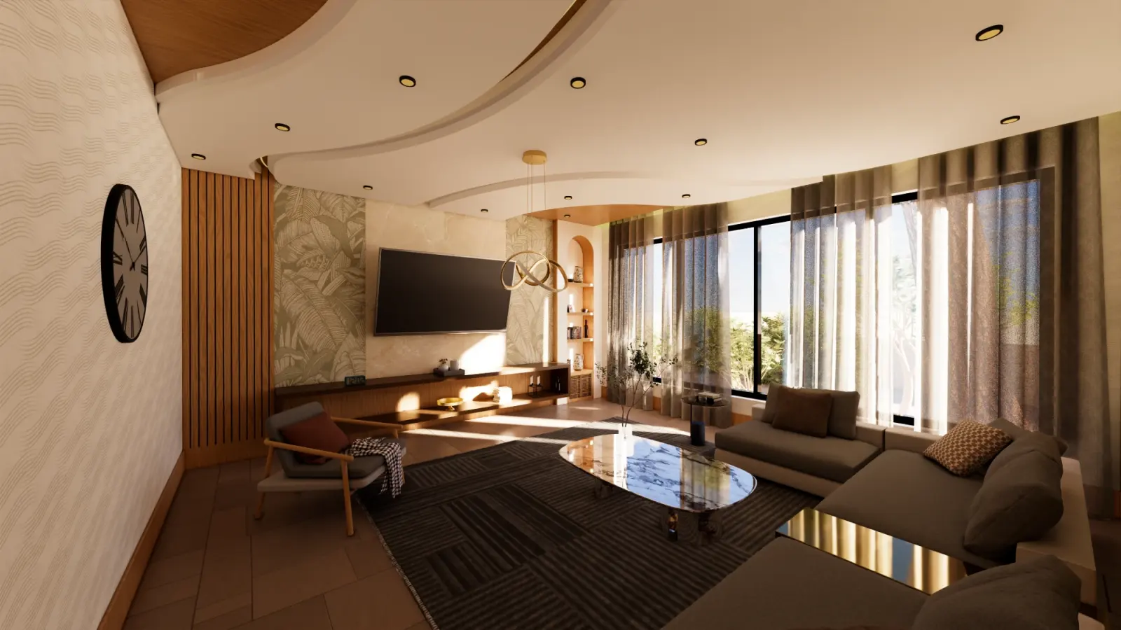 The living room in afternoon light, looking towards the garden windows