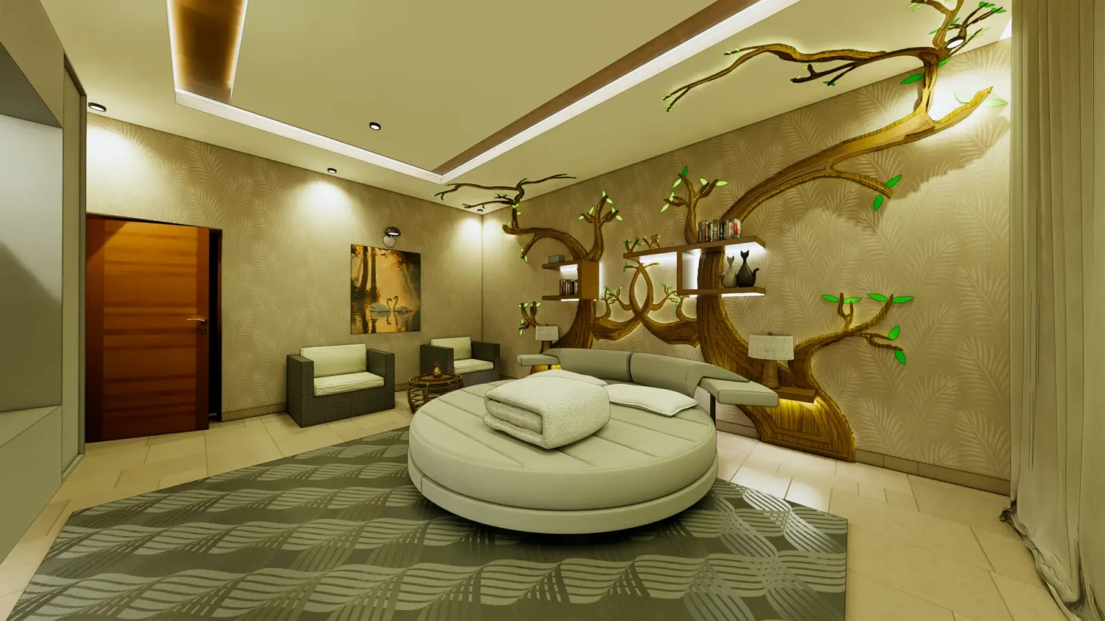 The same bedroom seen from the doorway, with seating on the left and the tree wall on the right