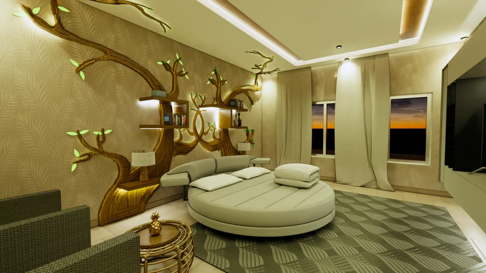 Close view of the timber tree wall with lit shelves, table lamp and window beyond
