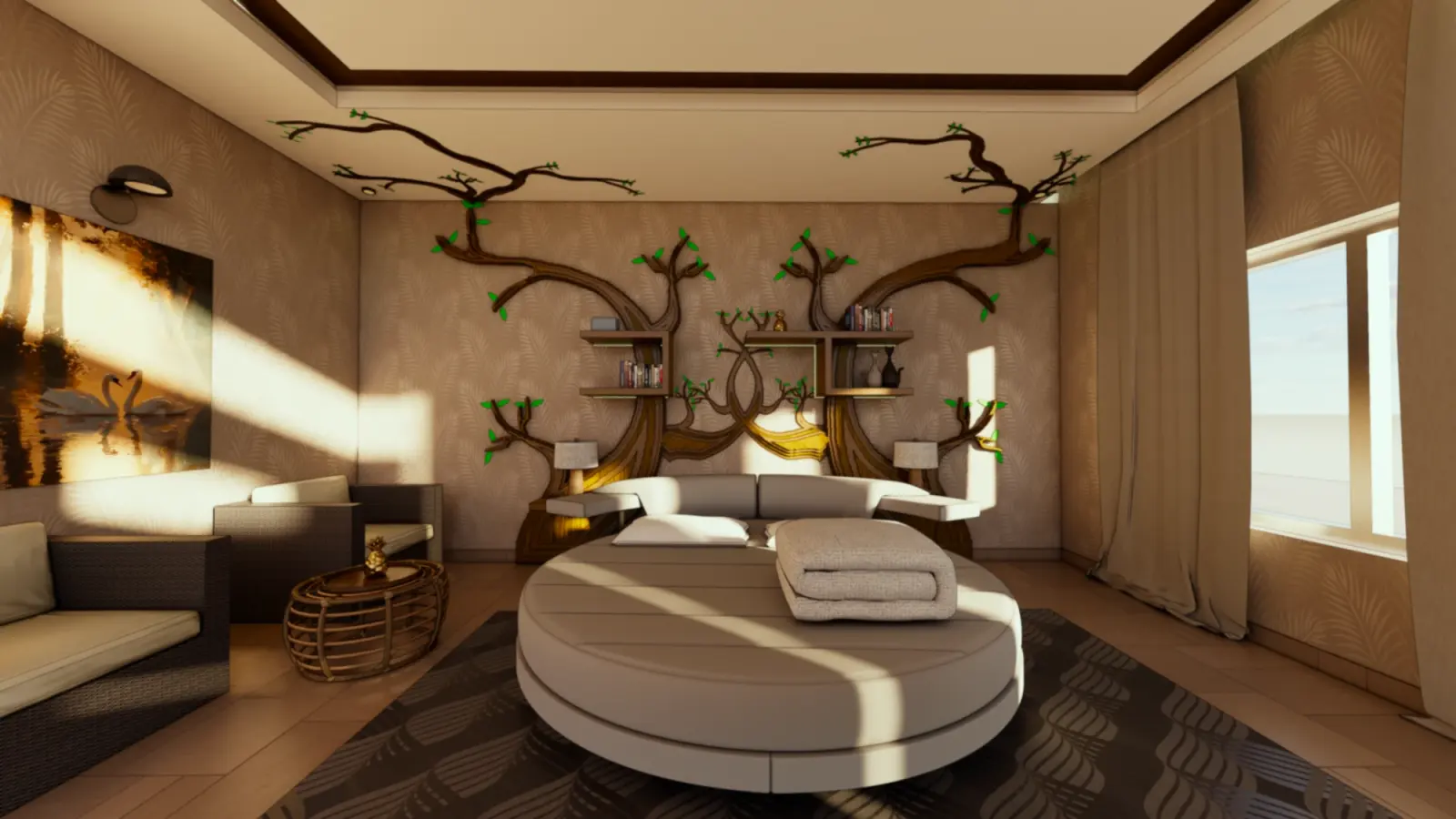 The bedroom in daylight, sunlight falling across the bed and the tree wall